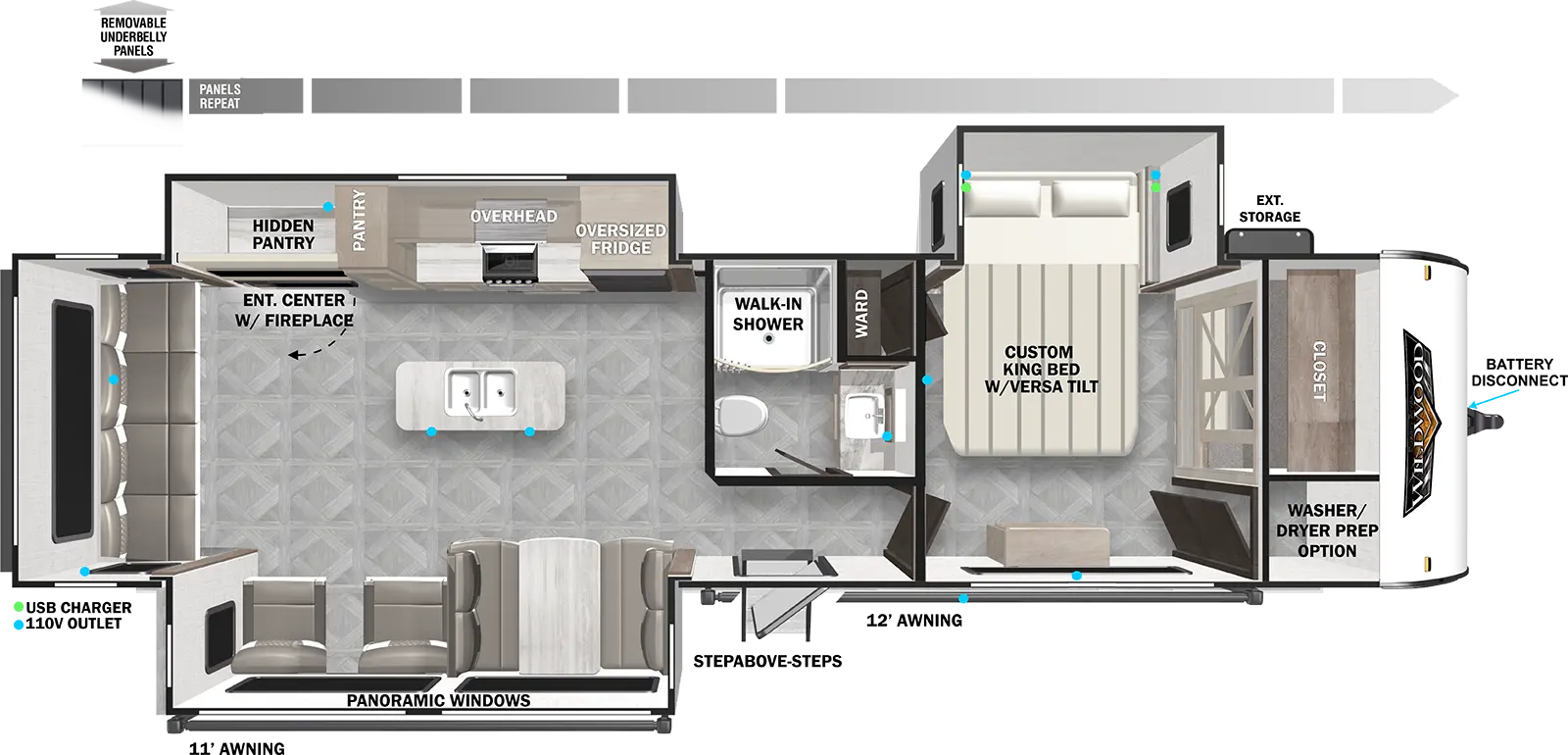 The 32RET has three slideouts and one entry. Exterior features include and 11 foot awning and 12 foot awning, step above entry steps, exterior storage, battery disconnect, and removable underbelly panels. Interior layout front to back: closet, optional washer/dryer prep, off-door side custom versa-tilt king bed with versa-tilt slideout, walk-in closet, and door side dresser; off-door side full bathroom with walk-in shower; entry door; off-door side slideout with oversized refrigerator, microwave, overhead cabinet, pantry, and entertainment center with fireplace below and hidden pantry behind; kitchen island with sink; door side slideout with versa lounge/dinette and panoramic windows; rear chairs and end table. 